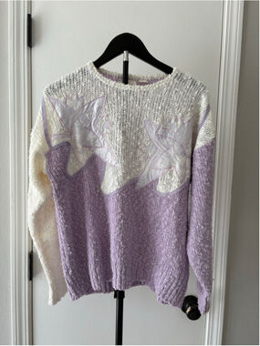 Vintage Needles and Yarn Purple Cream Slub Knit Leaf Applique Sweater M